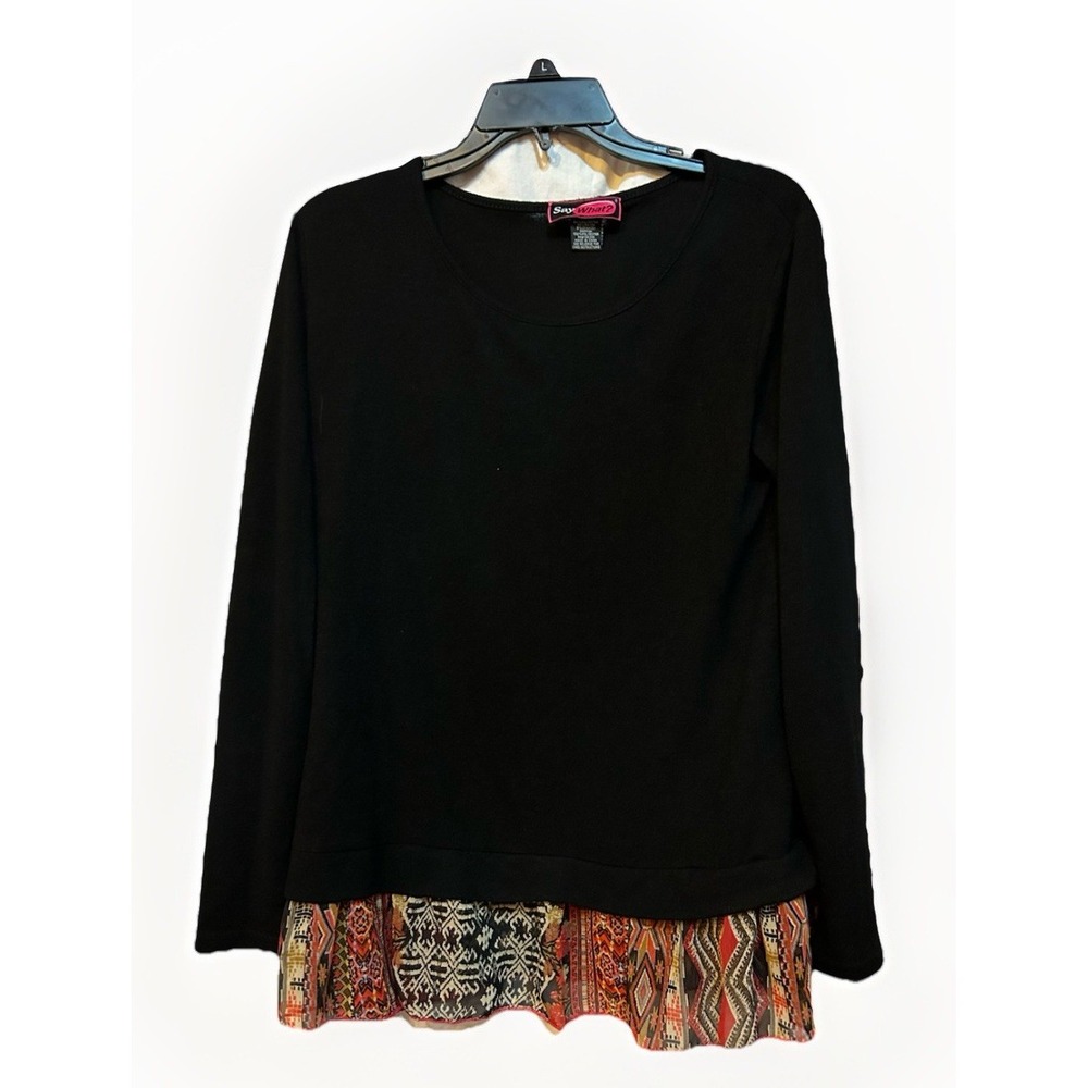 Say What? Women's Sz 1X Lightweight Sweater  Black Geometric Chiffon Trim